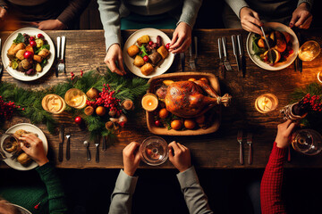 Above view of Christmas family dinner table. Family together, Christmas celebration concept.