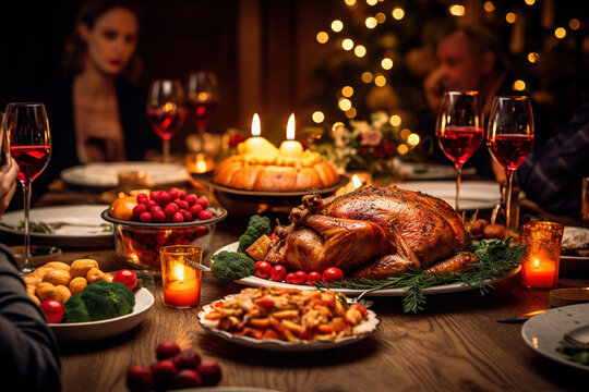 Big festive dinner with roasted chicken and various garnishing. Christmas family dinner table concept.