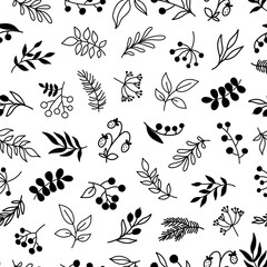 Seamless pattern background with  branches, twigs with leaves, berries. Floral botanical elements. Hand drawn line vector illustration.