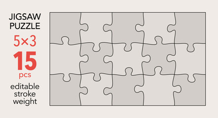Empty jigsaw puzzle grid template, 5x3 shapes, 15 pieces. Separate matching irregularly elements. Flat vector illustration layout, every piece is a single shape.