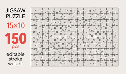 Empty jigsaw puzzle grid template, 15x10 shapes, 150 pieces. Separate matching irregularly elements. Flat vector illustration layout, every piece is a single shape. - obrazy, fototapety, plakaty