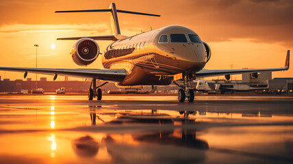 photograph of Luxury private vip business jet macro lens sunset lighting