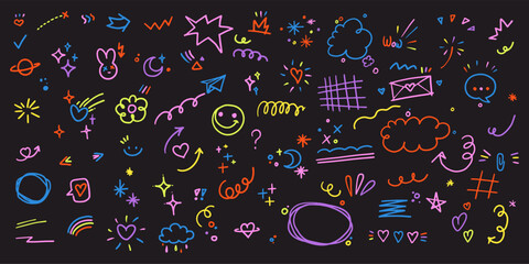 Doodle cute glitter pen line elements. Naive groovy Fun colorful Simple sketch line style emphasis, attention, Heart, arrow, star, underline, speech balloons, sparkle decoration symbol set icon.