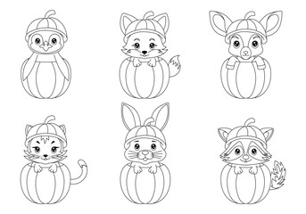cartoon set animals with pumpkin. fall autumn vibes set. cute animal, decor element. cute illustration