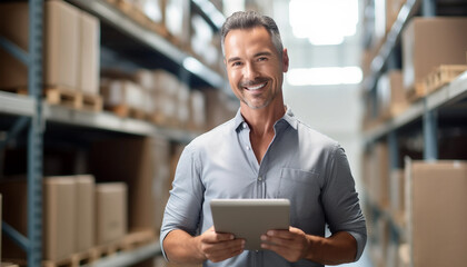 Smiling distribution warehouse manager checking inventory on shelf in storehouse
