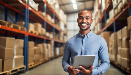 Portrait of smiling distribution warehouse manager holding paper checklist - obrazy, fototapety, plakaty