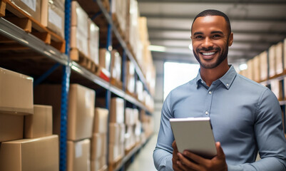 Portrait of smiling distribution warehouse manager holding paper checklist