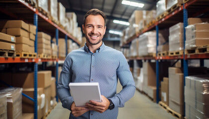 Smiling distribution warehouse manager checking inventory on shelf in storehouse