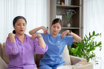 Asian caregiver woman or nurse training senior woman warmup for exercise while physical therapy and...