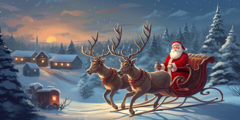 Santa Claus rides in a reindeer sleigh. He hastens to give gifts before Christmas. - obrazy, fototapety, plakaty