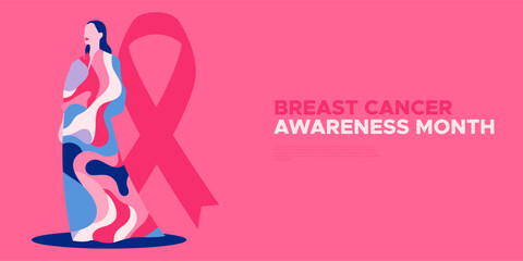 Breast cancer awareness month illustration of pink woman survivor with abstract texture decoration and copy space for web template banner. Female health care campaign design concept.