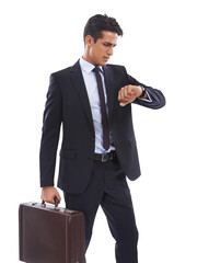Work, schedule and businessman check time with watch on wrist with briefcase on transparent,...