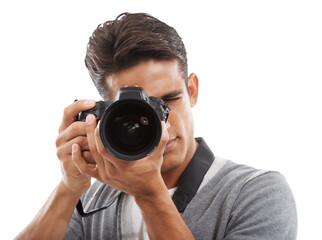 Photography, art and man with camera, lens and taking a picture for creativity isolated on png transparent background. Professional photographer, creative with tech and focus, media and production