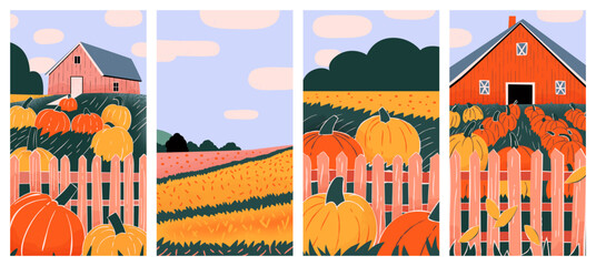 Set of fall pumpkin farm field landscape collection. Flat autumn nature art of october season scenery. Halloween holiday environment, thanksgiving card background bundle.