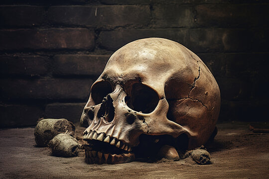 Human skull head on the ground against grunge wall background.