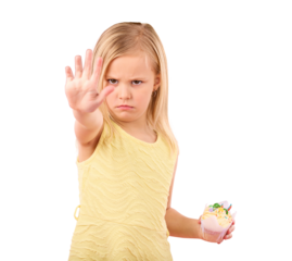 Stop, hand and portrait of girl child with cupcake, angry or warning on isolated, transparent and png background. Protest, palm and face of kid with emoji no vote, sugar or dessert rejection threat