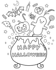 Halloween coloring page with cute little ghosts. Illustration for halloween with a little cute pumpkin.