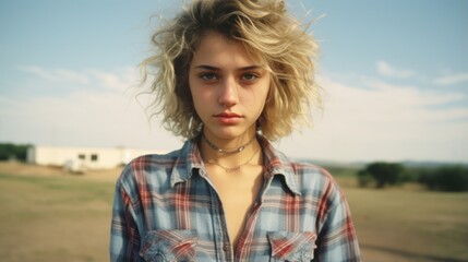 Natural youthful blonde beauty with 80's curly hairspray hairstyle, girl next door look, adorably flirty model, rural countryside flair with flannel button shirt and jeans. - obrazy, fototapety, plakaty