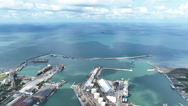 Aerial view of Georgian port city of Poti located at entrance of Rioni river into Black Sea on sunny autumn day, Samegrelo-Zemo Svaneti region.
