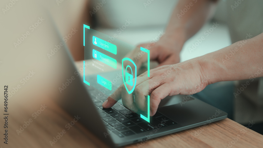 Poster Computer security system. Man typing username and password on a laptop. User authentication system with username and password, information security and encryption, technology secure internet access.
