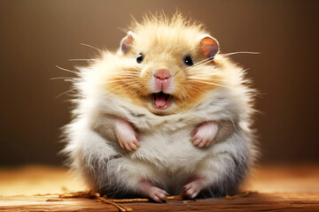 Funny shaggy hamster with stuffed cheeks smiling looking at the camera