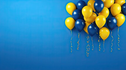 blue blue and yellow balloons on blue background, in the style of gold and blue, photorealistic pastiche