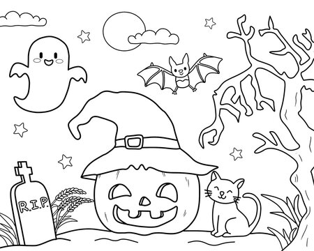 Halloween coloring page with cute little ghost, bat and cat. Illustration for halloween with a cute pumpkin.
