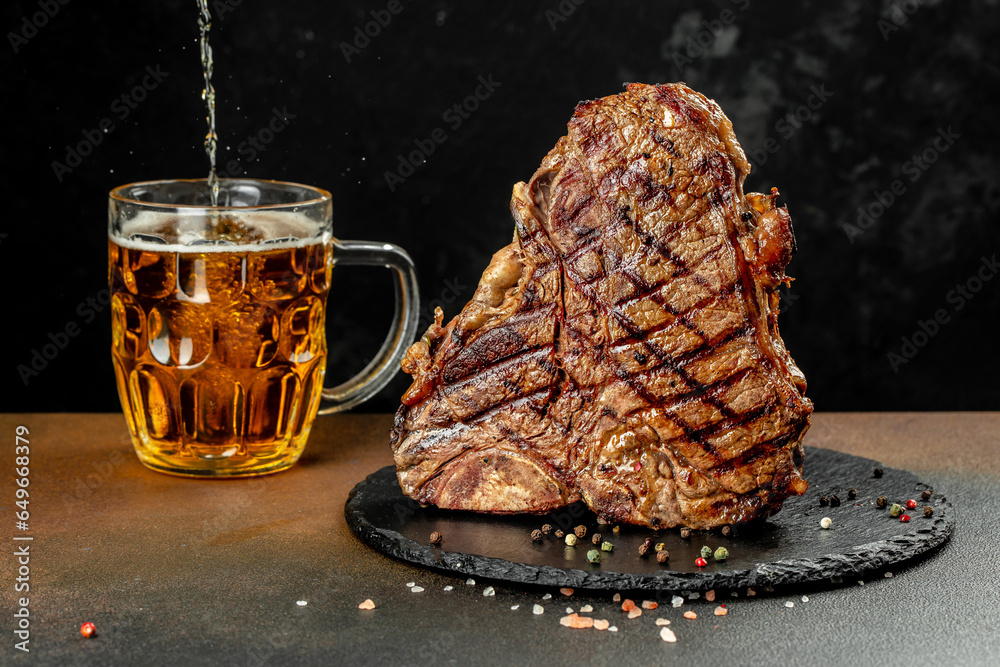 Poster beer steak, Grilled steak and mug of beer. banner, menu, recipe place for text