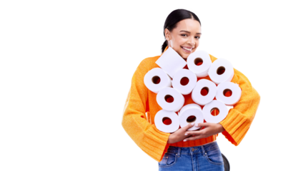 Portrait, happy and toilet paper with a gen z woman isolated on a transparent background to stock supplies. Smile, inventory and tissue with a young person carrying essentials on PNG for hygiene
