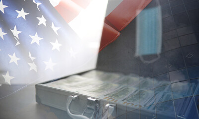 A metal suitcase filled with American 100 dollar bills. Double exposure. Investment, bribe,...