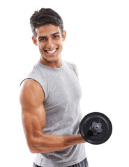 Muscle, bodybuilder and man with weightlifting and dumbbell for fitness isolated on png transparent background. Flexing biceps in portrait, strong athlete in gym with exercise and workout with power