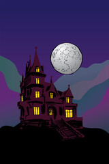 A mansion in a mountain landscape during the night with full moon. Handdrawn vector picture.