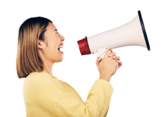 Woman is shouting with megaphone, protest and fight in politics with human rights isolated on png transparent background. Communication, equality and political movement, empowerment and activism