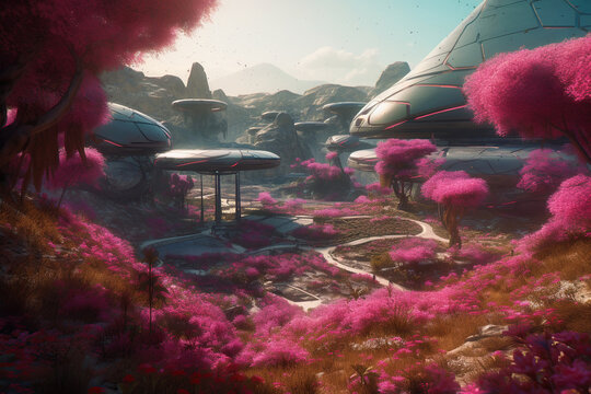 Beautiful alien futuristic nature pink flowers world,  concept of human settlement, Space expansion, space colonization, AI Generative