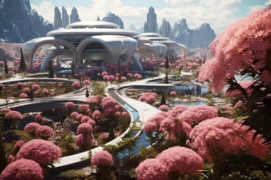 Beautiful alien futuristic nature pink flowers world,  concept of human settlement, Space expansion, space colonization, AI Generative