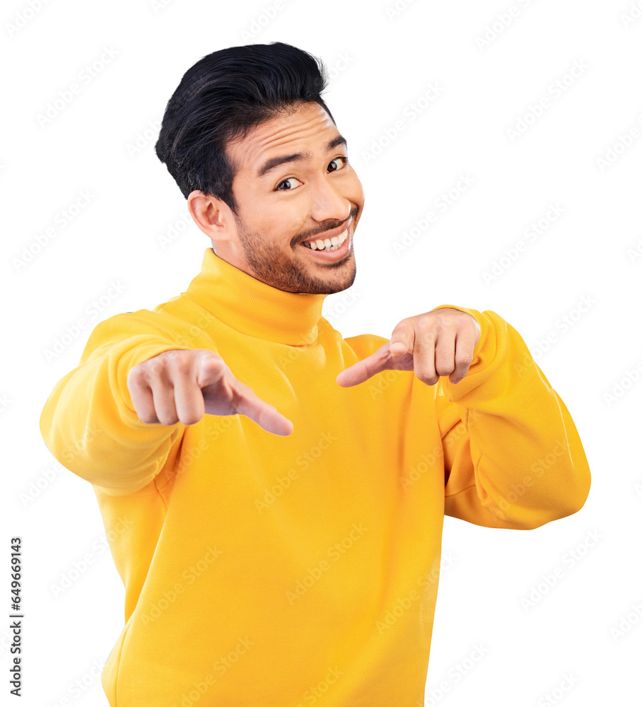 Poster hands, pointing and portrait of man with smile for you in recruitment, choice or decision on isolate