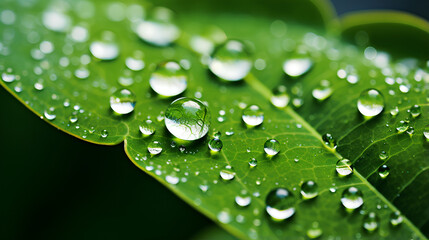 raindrops on fresh green leaves Macro shot in sunlight
