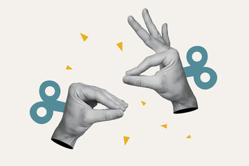 Composite photo illustration collage of two funny hands represent conversation announcing sale...