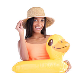 Inflatable duck, happy and portrait of woman in summer hat, swimming and holiday. Face, Indian person in pool float and beach vacation, travel and tourist isolated on a transparent png background