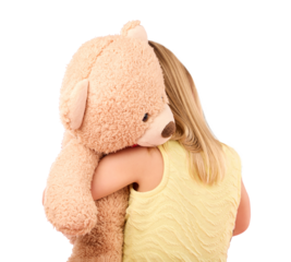 Teddy bear, love and back of girl hug big, fluffy and cute toy as gift or present for comfort. Adorable, childhood and kid with cuddle animal for support on isolated, png and transparent background