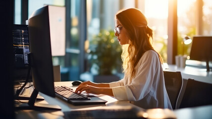 Eine Frau arbeitet in einem Büro am Laptop. Generiert mit KI