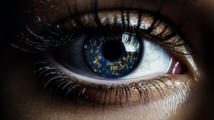 Fototapeta premium cyborg eye, computer vision, vision improvement concept, correction, surveillance system, idea microelectronics and people