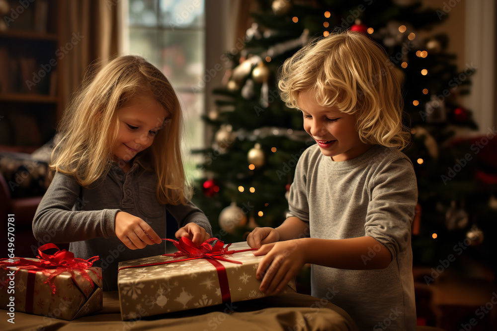 Poster Excited children in pajamas are tearing open gifts under a Christmas tree, capturing the magic and joy of the holiday season