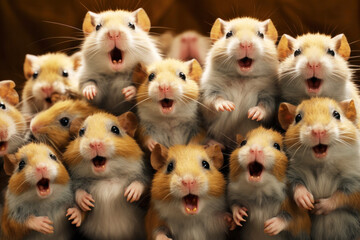 Comical hamsters stand in a group and look with opened mouths