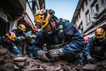 Fototapeta premium A highly trained urban search and rescue team wearing protective gear as they delicately extract a survivor from the rubble of a collapsed building.