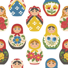 Seamless pattern with traditional Russian matryoshka. Folklore wooden painted toy. Great for fabric, textile