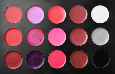Cream lipstick palette as background, top view. Professional cosmetic product