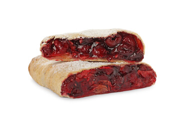 Obraz premium Delicious cut strudel with cherries isolated on white