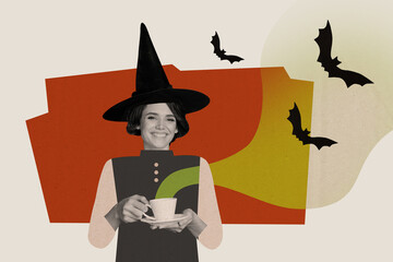 Creative composite artwork photo collage of happy satisfied witch dressed wizard hat hold cup of...