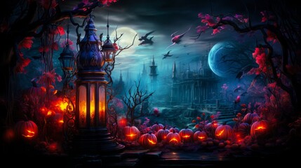 In a shadowy forest, lit pumpkins and a lantern create a Halloween atmosphere. A castle and a moonlit red flower add enigma, while a moon-framed bird captivates. Generative AI